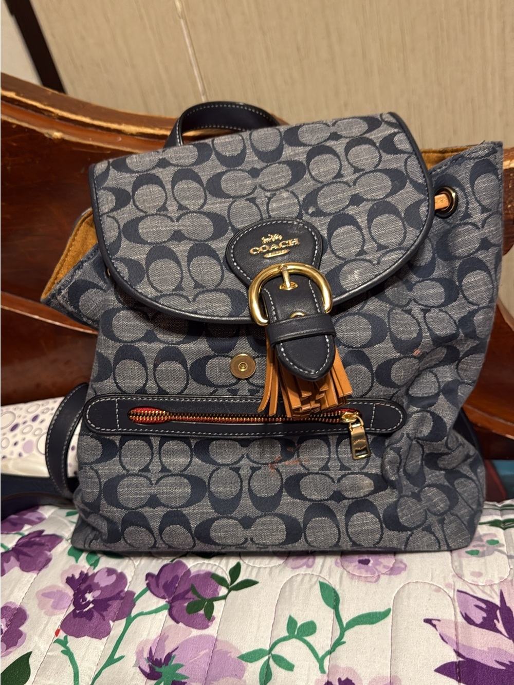 Coach Navy Signature Canvas Backpack with Tan Accents